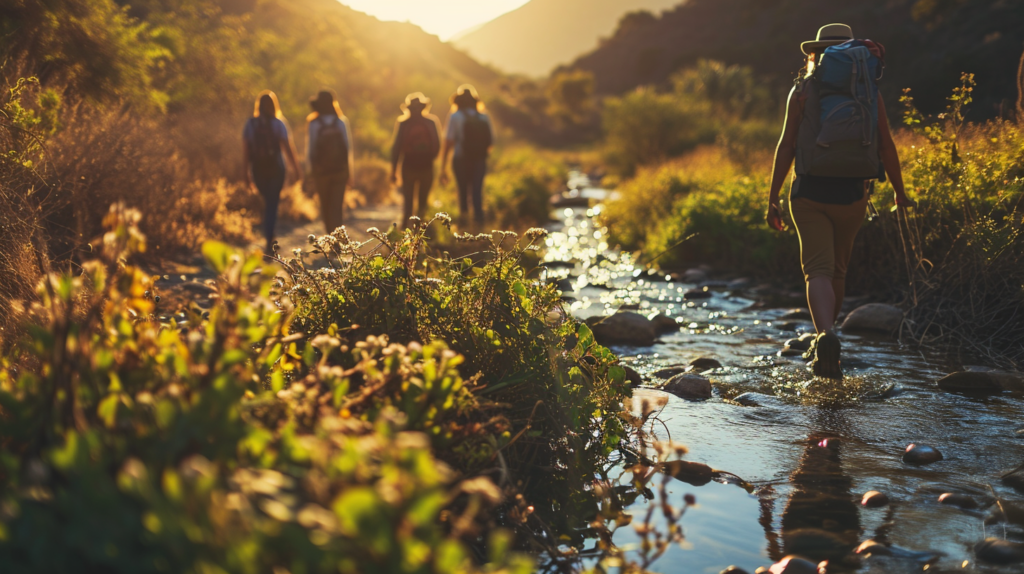 A group of hikers walking along a sunlit trail by a stream, with one person in the foreground stepping on stones in the water.
