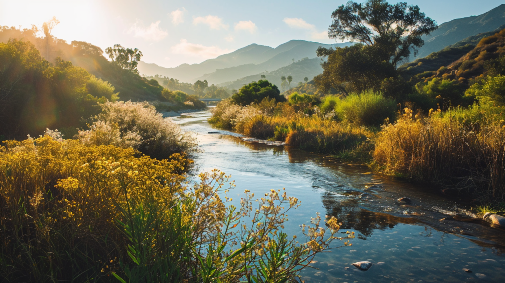Gentle river flowing through a lush valley with blooming wildflowers and greenery, flanked by hills under a sunlit sky.