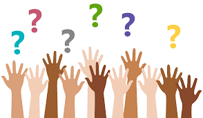 Illustration of raised hands of various skin tones with colorful question marks above them.