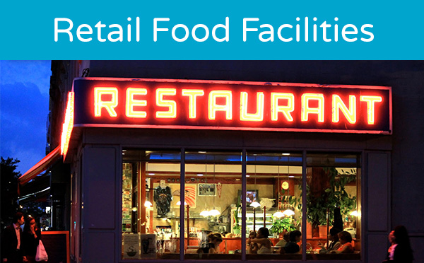 A bustling restaurant at twilight with neon 'RESTAURANT' sign illuminated above the entrance, as seen from the street labeled "Retail Food Facilities"