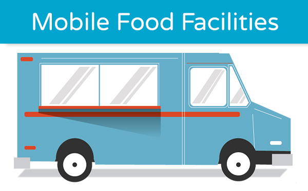 Blue food truck with service windows and red accents labeled "Mobile Food Facilities".