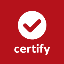 Certification seal with white check mark on red background