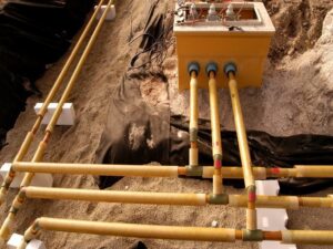 Underground utility conduits with measurement equipment.