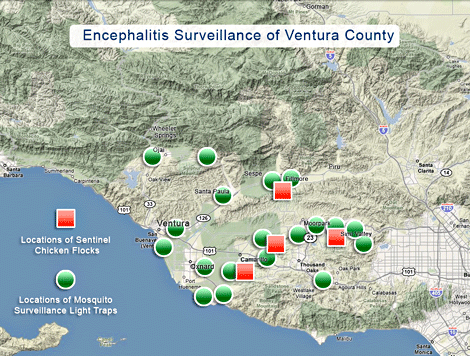 Map of Encephalitis Surveillance in Ventura County showing locations of Sentinel Chicken Flocks and Mosquito Surveillance Light Traps.