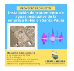 Cartel en español de anuncio para una reunión comunitaria sobre la propuesta del proyecto de planta de tratamiento de aguas residuales Ri-Nu en Santa Paula por el Condado de Ventura, que muestra gráficos de un mapa y diagramas de tratamiento de agua.