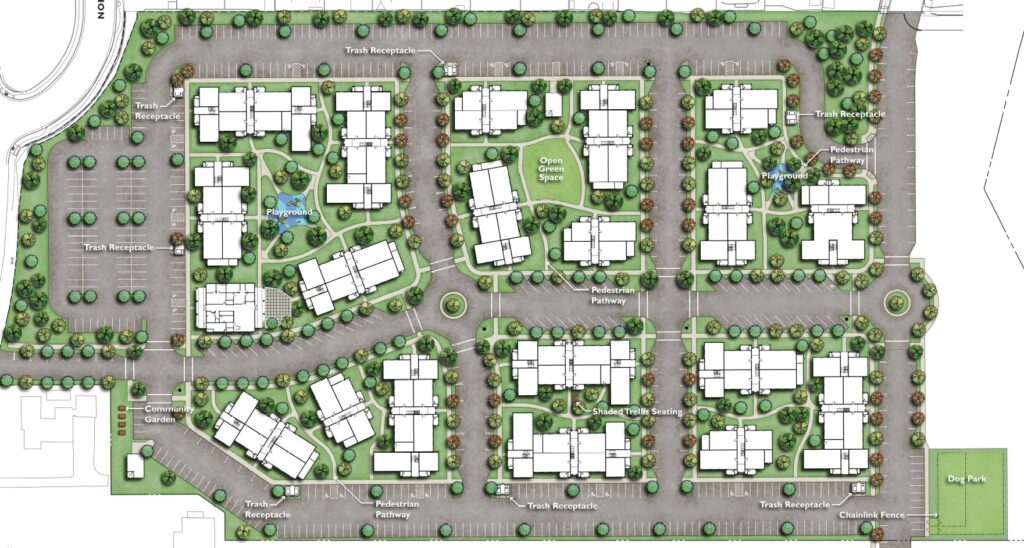 An architectural site plan showing layout of buildings, parking, playgrounds, and green spaces.