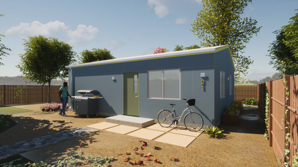 An illustration of a modern small blue house with a flat roof, featuring a number stand 21, with a person in casual clothes standing by a barbecue grill, a white bicycle parked on a patio, amidst a landscaped yard with wooden fencing.