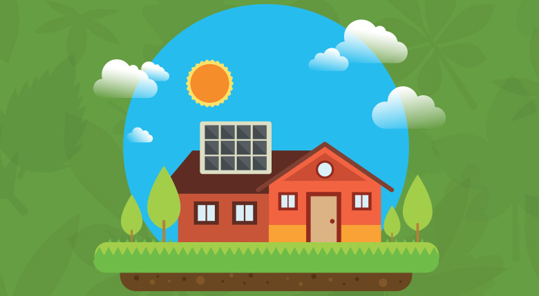 Illustration of a red house with solar panels under a sunny sky