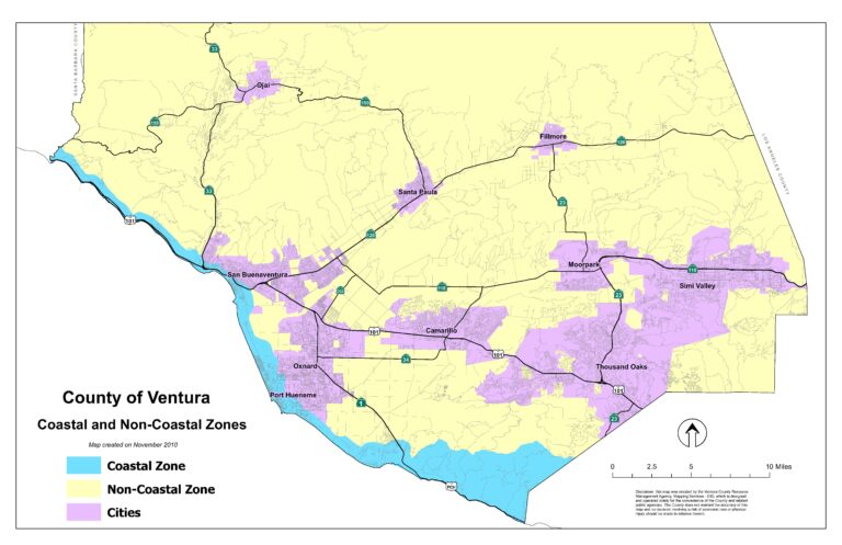 Map of Ventura County showing coastal and non-coastal zones in different colors, with locations of cities, and highways.