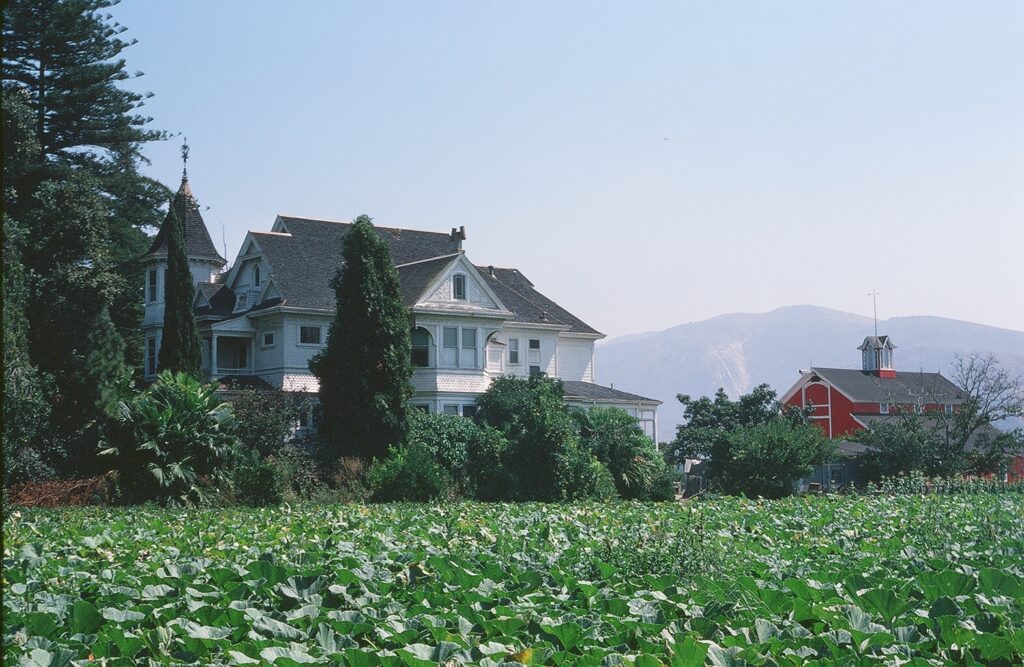 Victorian-style house with a gabled roof amid lush greenery with a red barn and mountains in the background.