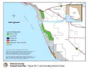 Map of Ventura County coastal area showing land use designations such as agriculture, open space, recreation, commercial, and residential with corresponding color coding