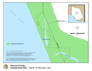 Map of Ventura County Coastal Area Plan - Figure 19: McGrath Lake depicting the coastal zone boundary near Pacific Ocean, Gonzales Rd., McGrath Lake, and Harbor Blvd. with a small locator map showing Ventura County in California.