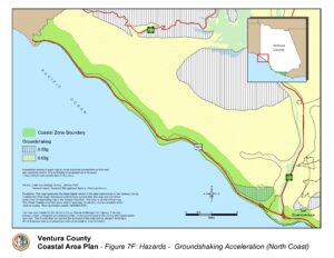 Map of Ventura County Coastal Area Plan showing groundshaking acceleration hazards (North Coast)