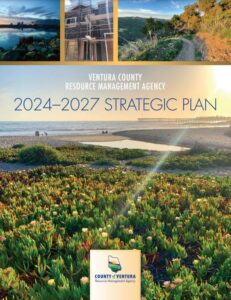 Cover page of Ventura County Resource Management Agency's 2024-2027 Strategic Plan. Shows various landscapes and development projects, with a beach scene in the foreground.