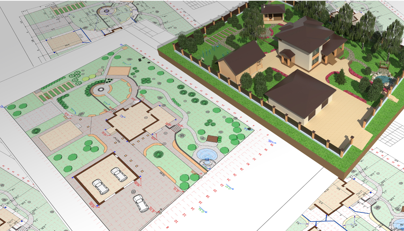 A detailed architectural layout and 3D rendering of a residential area, featuring building plans, garden layouts, and parking spaces.